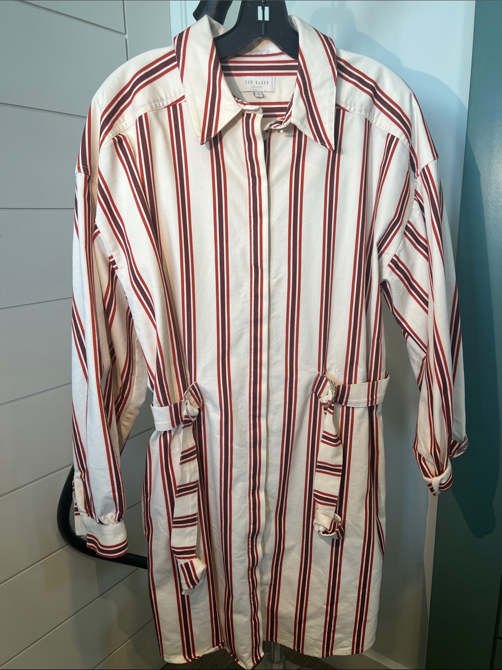 Ted Baker Cream and Red Striped Longline Shirt Dress